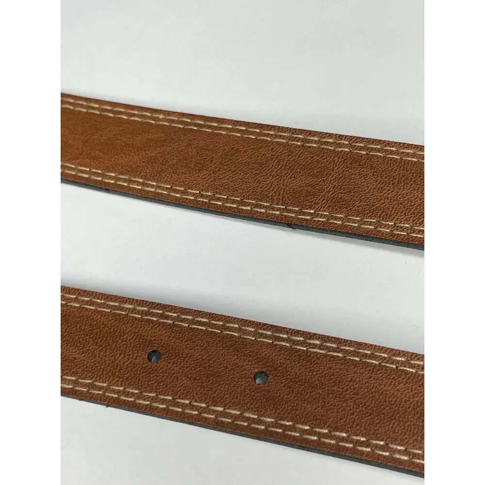 Vintage Women’s Brown Faux Leather Belt, Silver Buckle, Contrast Stitching 41.5”